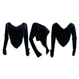Fashion Casual Ribbed V-neck Solid Color Long-sleeved Top T-shirt