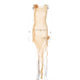 Mesh Sexy Backless Tie Stitching Wooden Ear Dress