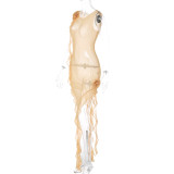 Mesh Sexy Backless Tie Stitching Wooden Ear Dress