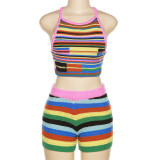 Fashion Contrast Stripe Sleeveless Tank Top Shorts Set