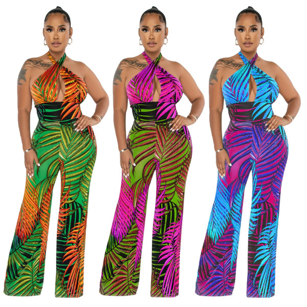 Sleeveless Sexy Backless Tie Print Jumpsuit