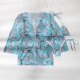 Three-piece Swimsuit Set With Leaf Print Mesh Outer Cedar