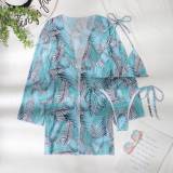 Three-piece Swimsuit Set With Leaf Print Mesh Outer Cedar