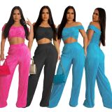 Sexy Solid Color Wrapped Chest One-shoulder Wide-leg Pants Two-piece Set