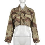 Camouflage Washed Long Sleeve Short Jacket