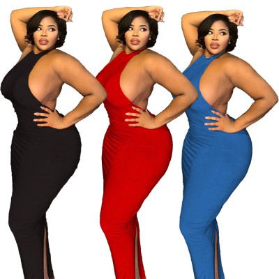 Sexy Backless Solid Color Plus Size Dress