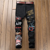 Men's Casual Elastic Printed Straight Jeans