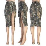 Statement Camouflage Leaf Print Slit Zipper High Waist Skirt