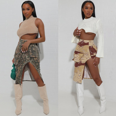 Statement Camouflage Leaf Print Slit Zipper High Waist Skirt