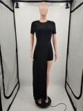 New Women's Short-sleeved Sexy Slit Slim Two-piece Suit
