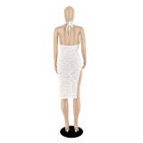 Pure Color See-through Mesh Gauze Halterneck Sexy Backless Dress