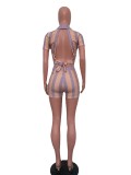 Fashionable Pit Stripe Print Sexy Backless Short-sleeved Two-piece Suit