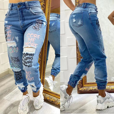 Fashion Letters Cut Small Foot Jeans