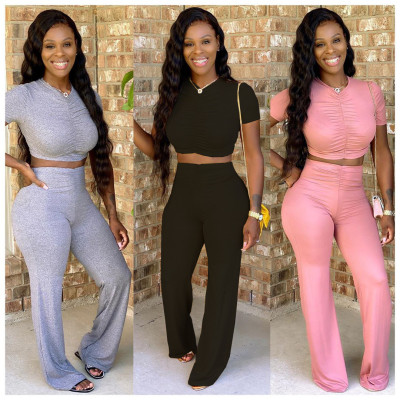 Sexy Women's Wrinkle Pleated Skinny Flared Trousers Two-Piece Set