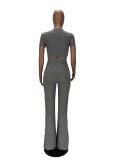 Sexy Women's Wrinkle Pleated Skinny Flared Trousers Two-Piece Set