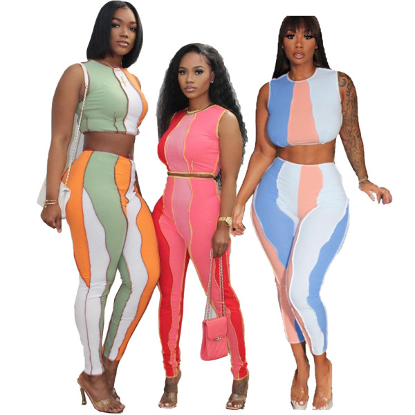 Sexy Women's Clothes Contrasting Color Stitching Pit Strip Two-piece Set