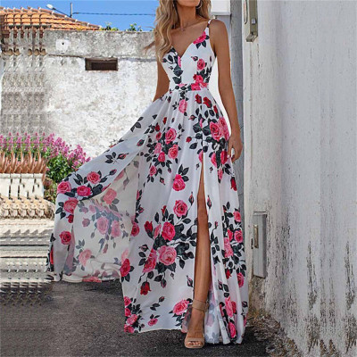 Fashion Suspender Print Slit Large Swing Dress