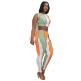 Sexy Women's Clothes Contrasting Color Stitching Pit Strip Two-piece Set