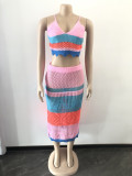 Fashion Europe And The United States Color Blocking Knitted Beach Dress Two-piece Set