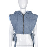 Denim Clip Cotton Wash Hooded Sleeveless Workwear Short Vest