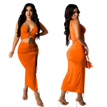 Summer New Sexy Sleeveless Solid Color Tie Slit Skirt Two-piece Set