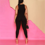 Solid Color Crew Neck Ribbed High Stretch Sleeveless Jumpsuit
