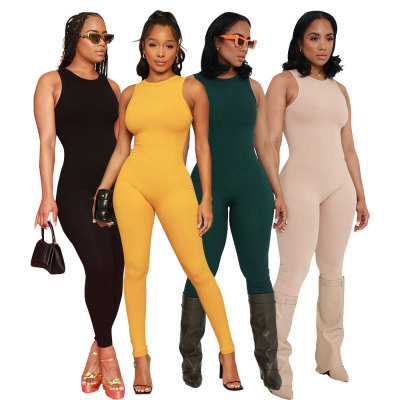 Solid Color Crew Neck Ribbed High Stretch Sleeveless Jumpsuit