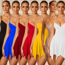 Women's Fashion Solid Color V Neck Sling Dress