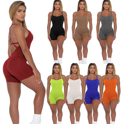 Solid Color Ribbed Suspenders Beautiful Back Buttocks Yoga Casual Jumpsuit