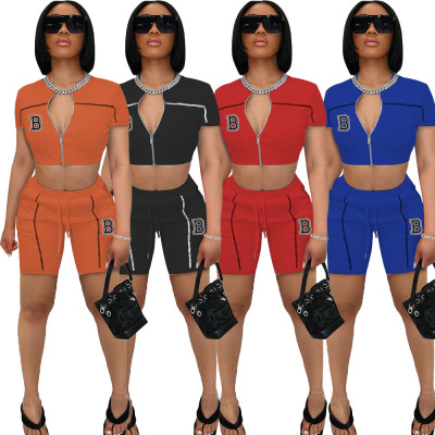 New Style Zipper Short Sleeve Fashion Solid Color Sports Two-piece Suit
