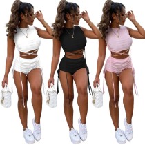 New Personalized Lacing Draw Pleats Fashion Solid Color Sports Two-piece Suit