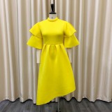 New Double Layer Lotus Leaf Sleeve Solid Color Swing Dress