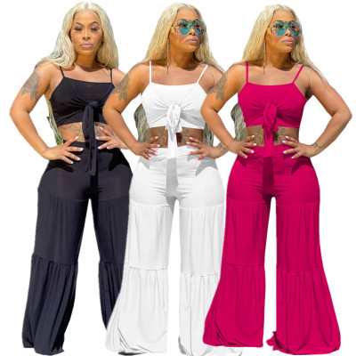 Popular Casual Fashion Summer Solid Color Wide-leg Pants Two-piece Set