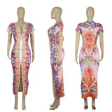 Printed V-neck Ethnic Style Slit Pleated Dress