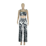 Printed Holiday Style Suspenders Wrapped Chest Wide-leg Pants Two-piece Set