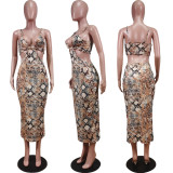 Fashion Sling Hollow Print Sexy Mosaic Dress