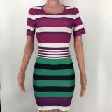 Fashion Women's Striped Color-block Slim Bag Hip Dress