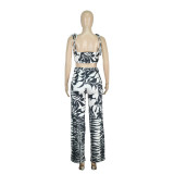 Printed Holiday Style Suspenders Wrapped Chest Wide-leg Pants Two-piece Set