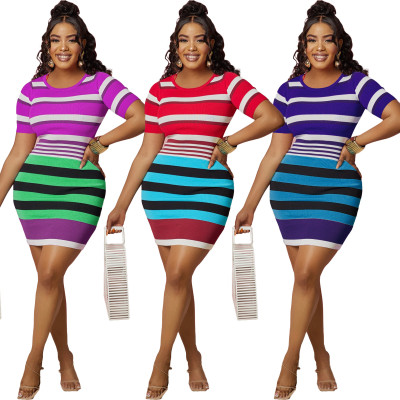 Fashion Women's Striped Color-block Slim Bag Hip Dress