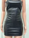 Snake Print Solid Color PU Leather Lace-up Dress