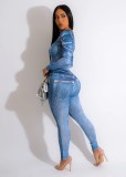 Fashion Sexy Stretch Denim Print Spring And Summer Casual Two-piece Set