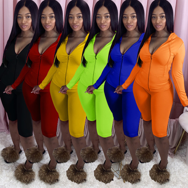 Fashion Casual Long Sleeve Hooded Shorts Sports Two-piece Set