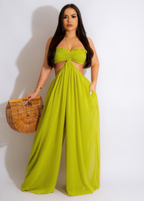 Sexy Chiffon Wrapped Breast Open Back Wide Leg Jumpsuit