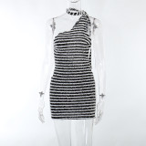 Black And White Stripes One Shoulder Backless Hot Girl Slim Dress