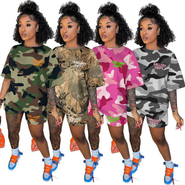 Summer Trend Print Camouflage Print Loose Two-piece Suit