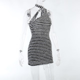 Black And White Stripes One Shoulder Backless Hot Girl Slim Dress