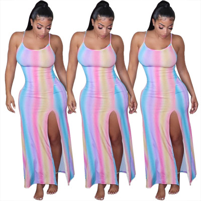 Fashion Striped Printed Strappy Slit Dress