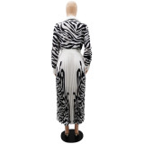 Zebra Print Long Sleeve Shirt Casual Pleated Long Skirt Two-Piece Set