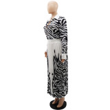 Zebra Print Long Sleeve Shirt Casual Pleated Long Skirt Two-Piece Set