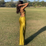 Solid Color Sexy Halter Ties Rope Backless High Waist Dress